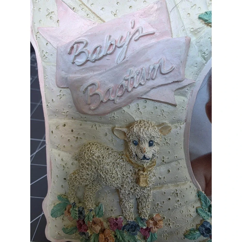 FIGI Baby's Baptism Picture Frame Hand Painted Lamb Cross Floral 3.5x5 Photo